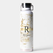 Scriptnaam & zwart monogram, wit & gouden marmer waterfles (Achterkant)