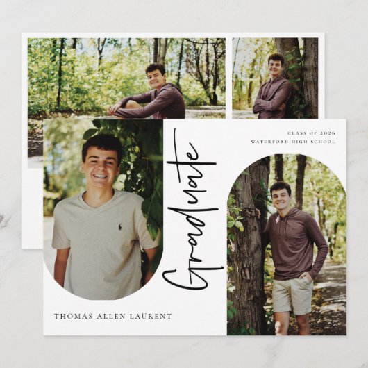 Scripts Afstuderen Arched Lijst 4 Foto-uitnodiging Aankondiging (Voorkant / Achterkant)