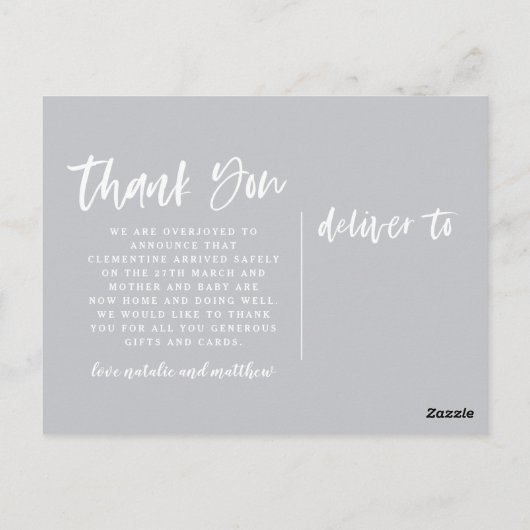 Scripttekst bedankt voor je geboorteaankondiging briefkaart (Achterkant)