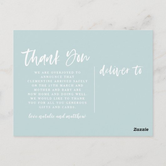 Scripttekst bedankt voor je geboorteaankondiging briefkaart (Achterkant)