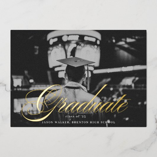 Scripttypografie Afstuderen fotokaart Folie Uitnodiging (Voorkant)