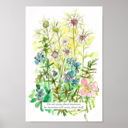 Scripture Matthew 6:34 Bijbel Verse Garden Flowers Poster (Voorkant)