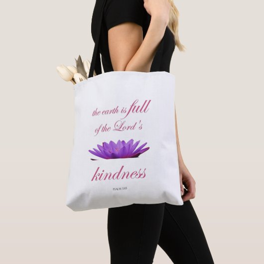 Scripture, Psalm 33, Lord's Kindness Purple Lotus Tote Bag (Dichtbij)