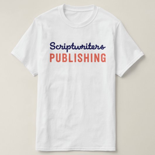 Scriptwriters die Abbys Blauw/Bleke Oranje T publi T-shirt (Design voorkant)