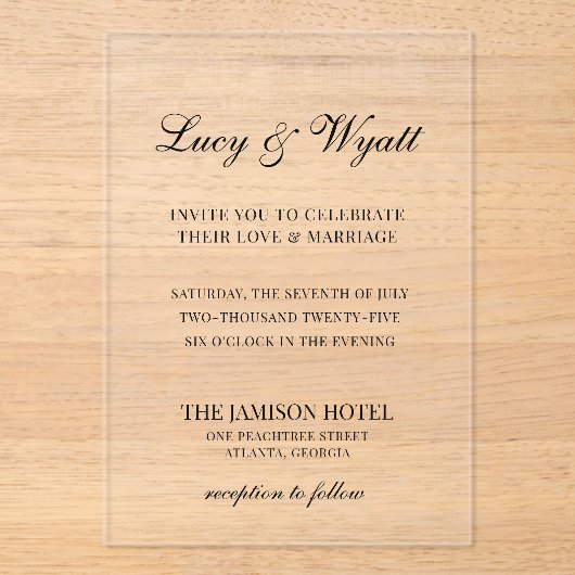 Scripty Black & White Modern Huwelijksuitnodiging Acryl Uitnodigingen (Voorkant)