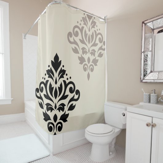 Scroll Damask Art I Black Taupe Cream Douchegordijn (In situ)