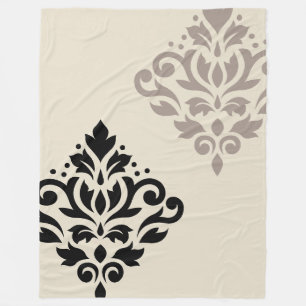 Scroll Damask Art I Black Taupe Cream Fleece Deken
