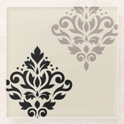 Scroll Damask Art I Black Taupe Cream Glazen Onderzetter (Voorkant)