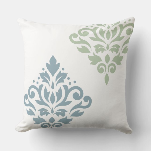 Scroll Damask Art I Blauw Groen Wit Kussen (Voorkant)