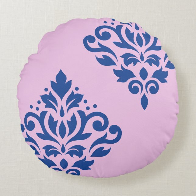 Scroll Damask Art I Blauw op Roze Rond Kussen (Voorkant)