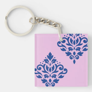 Scroll Damask Art I Blauw op Roze Sleutelhanger