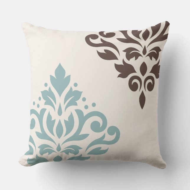 Scroll Damask Art I Blauwgroen Brown Cream Buitenkussen (Voorkant)