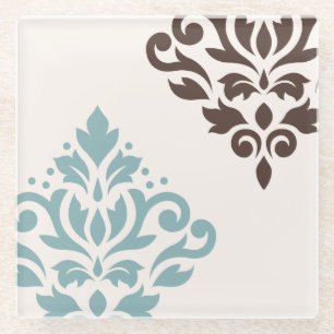 Scroll Damask Art I Blauwgroen Brown Cream Glazen Onderzetter