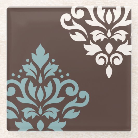 Scroll Damask Art I Blauwgroen Cream Brown Glazen Onderzetter (Voorkant)