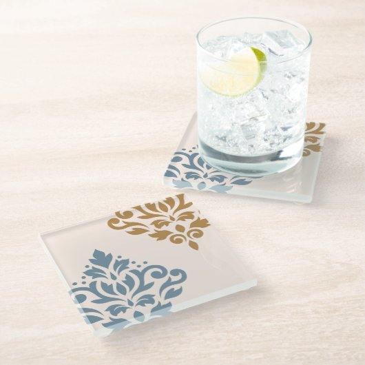 Scroll Damask Art I Blue Gold Cream Glazen Onderzetter (Schuin)