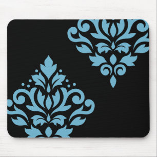 Scroll Damask Art I Blue op Zwart Muismat