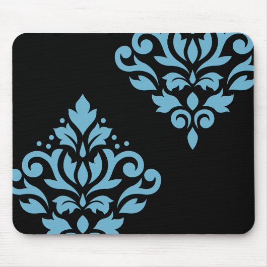 Scroll Damask Art I Blue op Zwart Muismat (Voorkant)