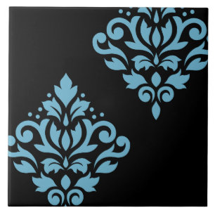 Scroll Damask Art I Blue op Zwart Tegeltje