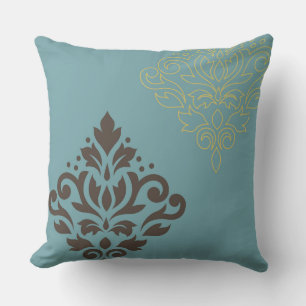 Scroll Damask Art I Bruin Goud (lijn) Blauwgroen Kussen