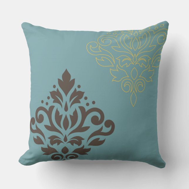 Scroll Damask Art I Bruin Goud (lijn) Blauwgroen Kussen (Voorkant)