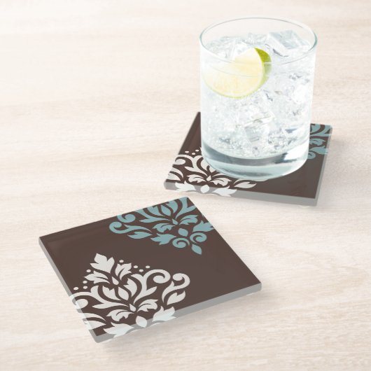 Scroll Damask Art I Cream Blauwgroen Bruin Glazen Onderzetter (Schuin)