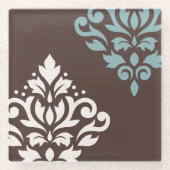Scroll Damask Art I Cream Blauwgroen Bruin Glazen Onderzetter (Voorkant)