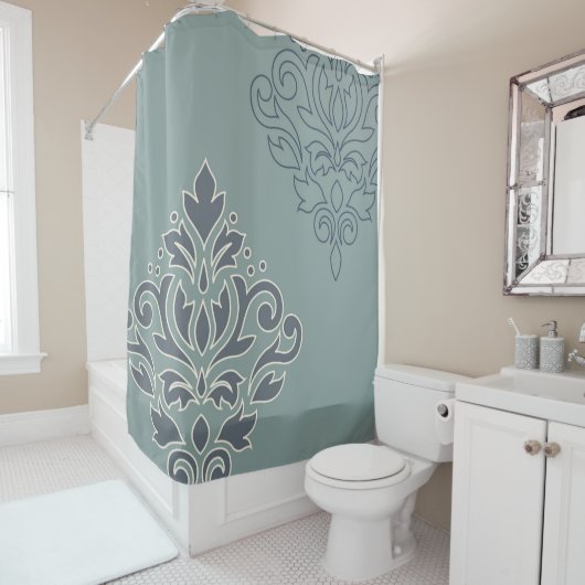 Scroll Damask Art I Cream Line Blues Blauwgroen Douchegordijn (In situ)