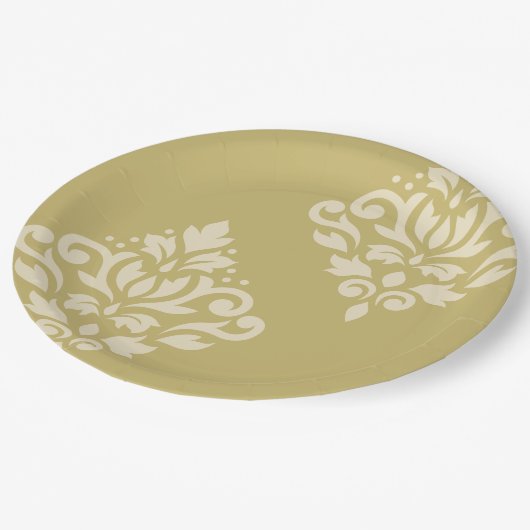 Scroll Damask Art I Cream op Goud Papieren Bordje (Gekanteld)