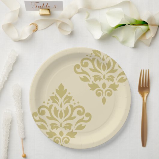 Scroll Damask Art I Gold op Crème Papieren Bordje (Huwelijk)