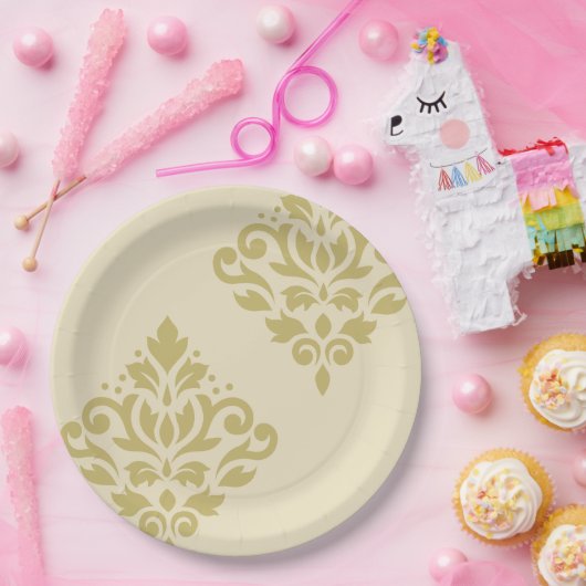 Scroll Damask Art I Gold op Crème Papieren Bordje (Feest)
