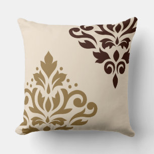 Scroll Damask Art I Goud & Bruin op Cream Kussen