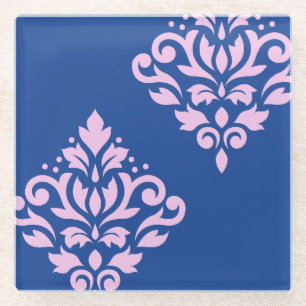 Scroll Damask Art I Pink op Blauw Glazen Onderzetter