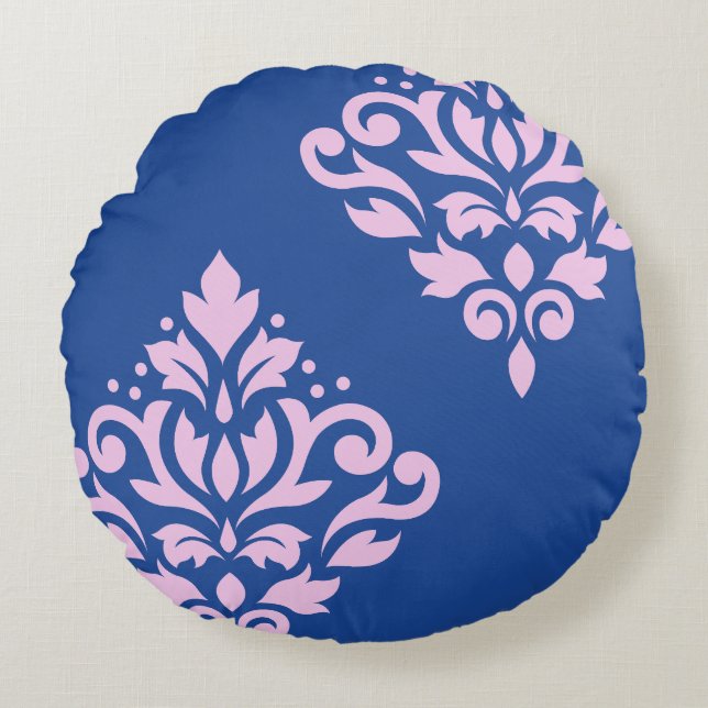 Scroll Damask Art I Pink op Blauw Rond Kussen (Voorkant)