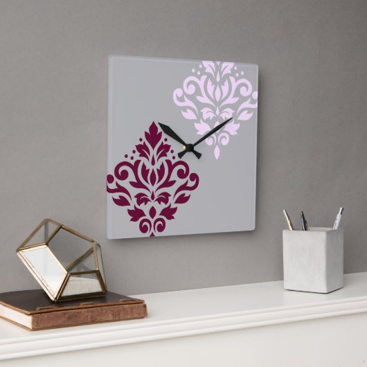 Scroll Damask Art I Plum Pink Grey Vierkante Klok (Kantoor)