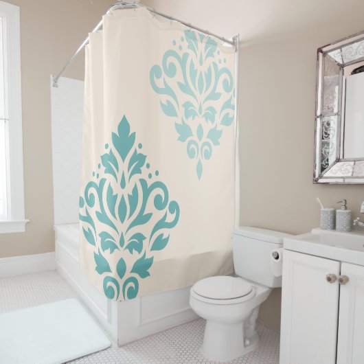 Scroll Damask Art I Teals op Cream Douchegordijn (In situ)