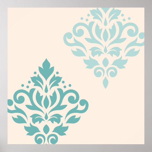 Scroll Damask Art I Teals op Cream Poster (Voorkant)