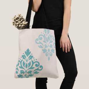 Scroll Damask Art I Teals op Cream Tote Bag