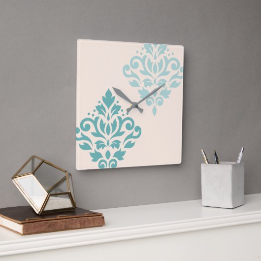 Scroll Damask Art I Teals op Cream Vierkante Klok (Kantoor)