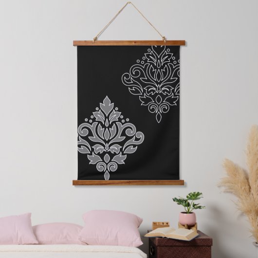 Scroll Damask Art I White Line Grijs Zwart Hangend Wandkleed (Slaapkamer)