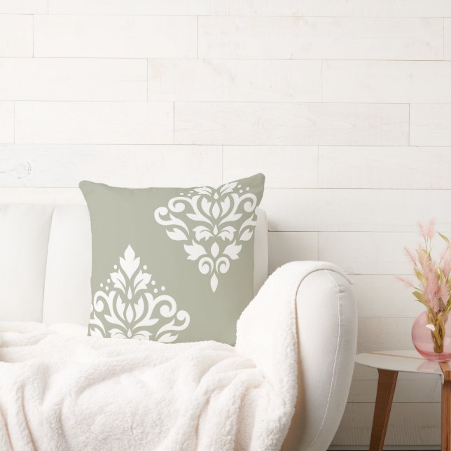 Scroll Damask Art I White on Green Kussen (Bank)