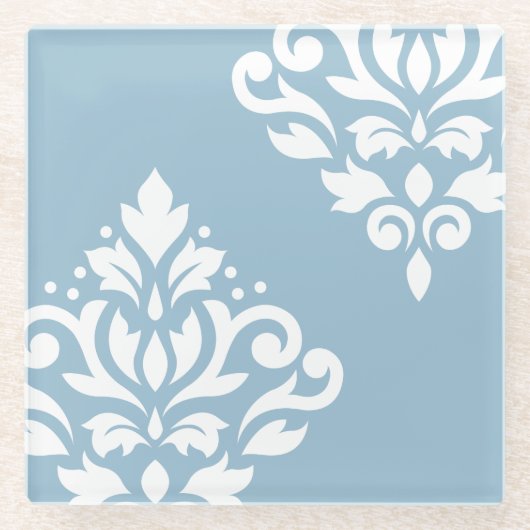 Scroll Damask Art I White op Lichtblauw Glazen Onderzetter (Voorkant)