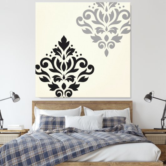 Scroll Damask Art I Zwart Grijs Crème Canvas Afdruk (Insitu (Slaapkamer))