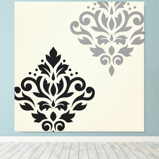Scroll Damask Art I Zwart Grijs Crème Canvas Afdruk (Insitu (Houten vloer))