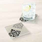 Scroll Damask Art I Zwart Grijs Crème Glazen Onderzetter (Schuin)