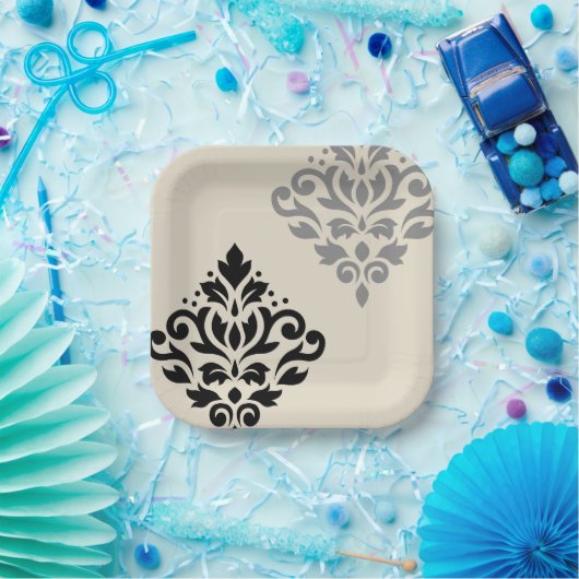 Scroll Damask Art I Zwart Grijs Crème Papieren Bordje (Feest)