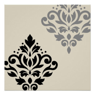 Scroll Damask Art I Zwart Grijs Crème Perfect Poster