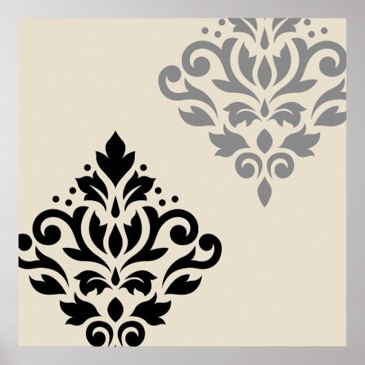 Scroll Damask Art I Zwart Grijs Crème Poster (Voorkant)