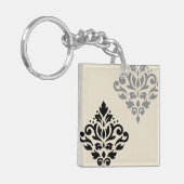 Scroll Damask Art I Zwart Grijs Crème Sleutelhanger (Voorkant Links)