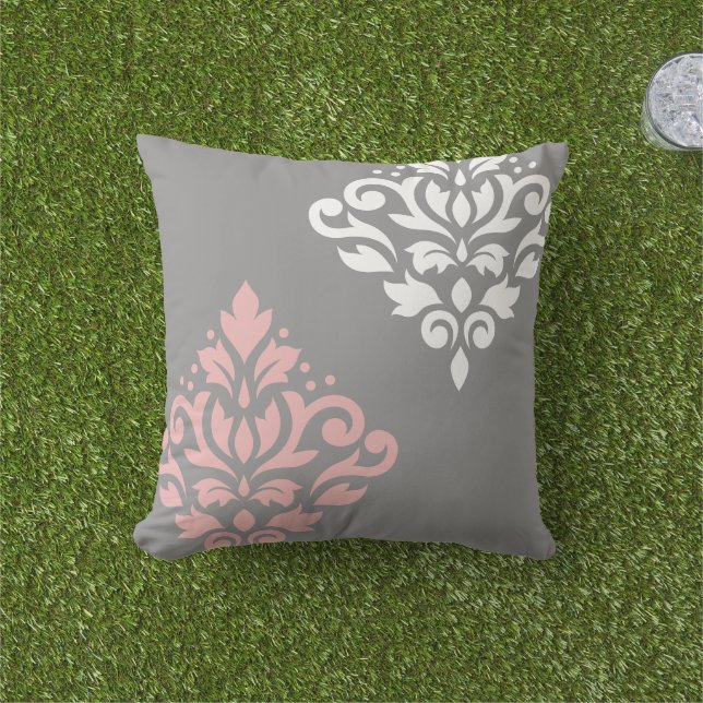 Scroll Damask Art in roze wit grijs Buitenkussen (Gras)
