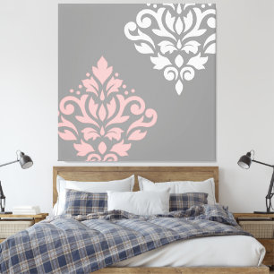 Scroll Damask Art in roze wit grijs Canvas Afdruk